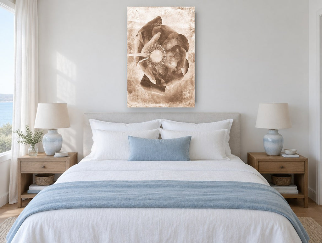 Sepia Poppy Negative floral canvas print on the wall of a coastal bedroom