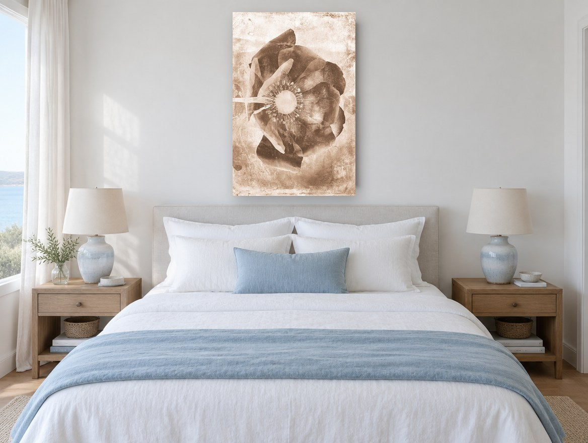 Sepia Poppy Negative floral canvas print on the wall of a coastal bedroom