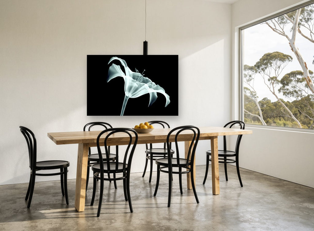 Lily in X-Ray Glow floral canvas print on the wall of a dining room