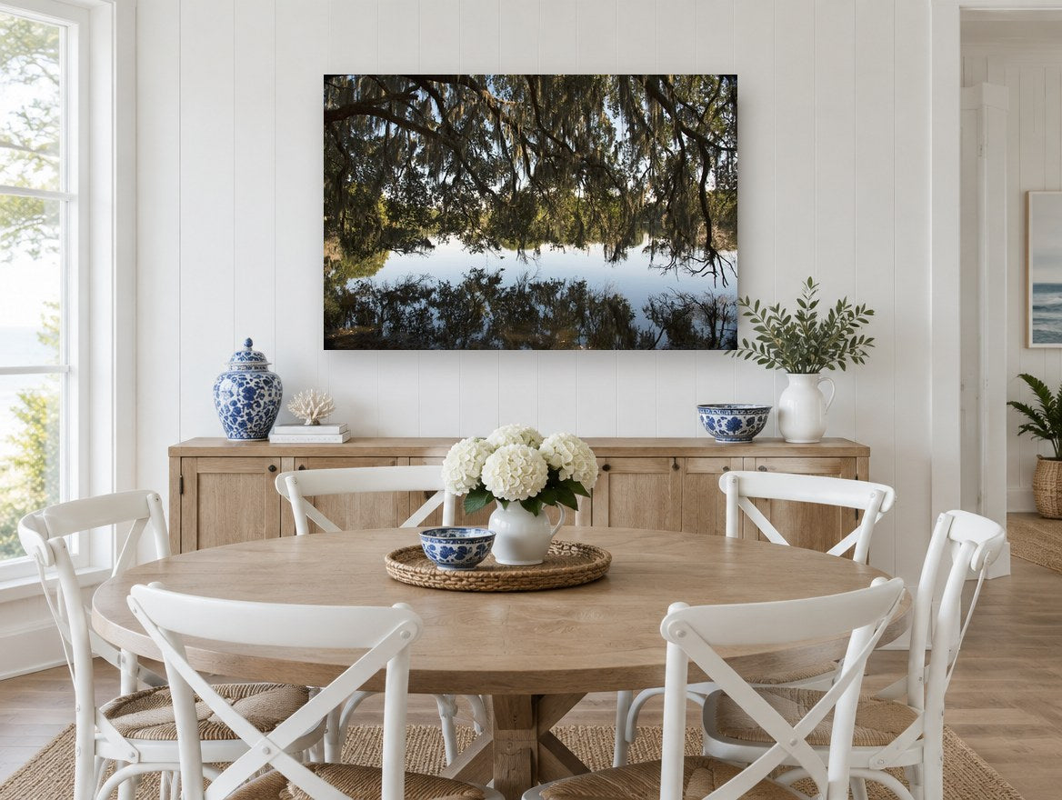 Moss Canopy Reflection landscape canvas print on the wall of a Hamptons dining room
