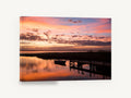 Dusk Over Still Water, sunset lake dock boat photograph, landscape canvas wall art print ready to hang