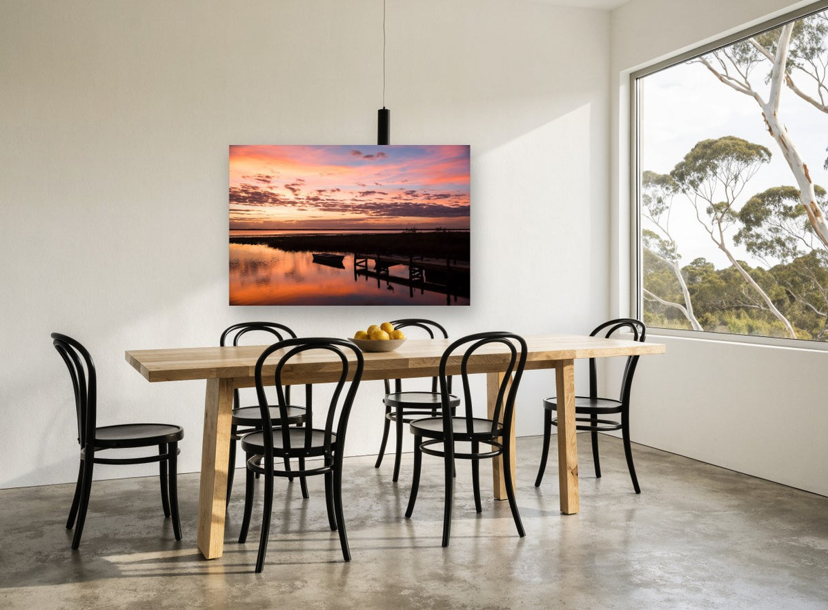 Dusk Over Still Water landscape canvas print on the wall of a dining room