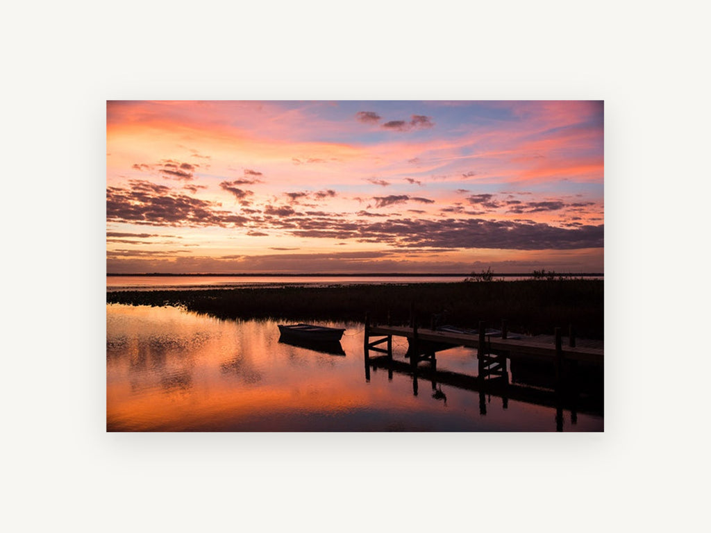 Dusk Over Still Water, sunset lake dock boat photograph, landscape canvas wall art print, front view
