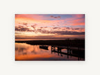 Dusk Over Still Water, sunset lake dock boat photograph, landscape canvas wall art print, front view