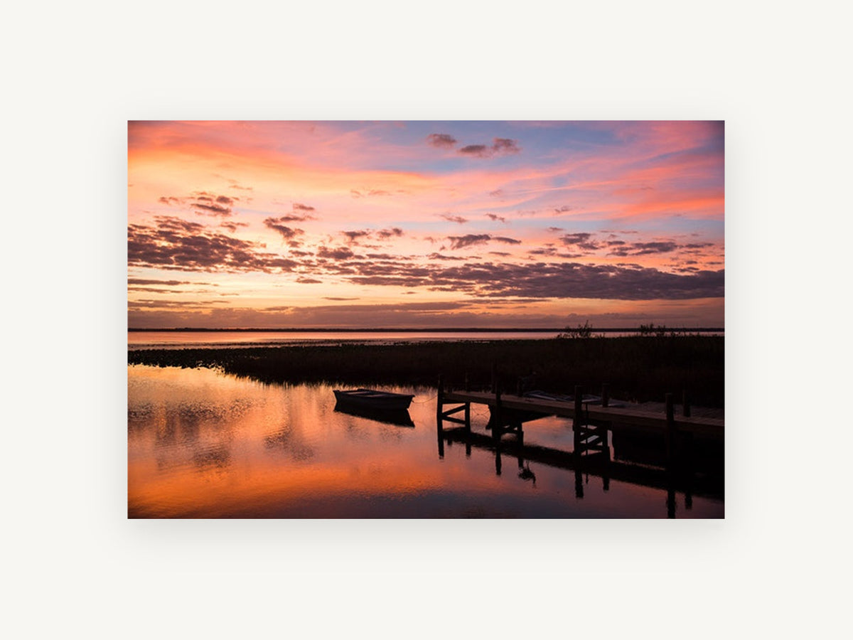Dusk Over Still Water, sunset lake dock boat photograph, landscape canvas wall art print, front view