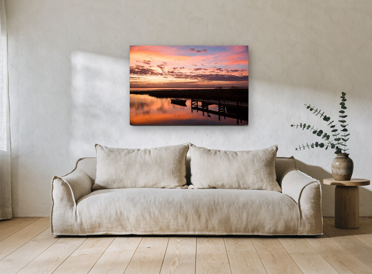 Dusk Over Still Water landscape canvas print on the wall of a living room