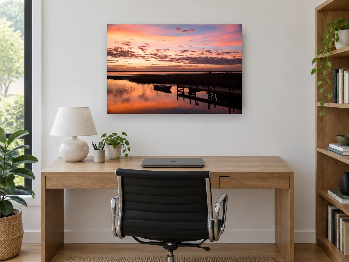 Dusk Over Still Water landscape canvas print on the wall of a study