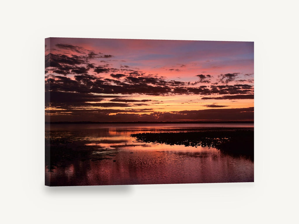 Crimson Lake Dusk, pink sunset lake reflection photograph, landscape canvas wall art print ready to hang