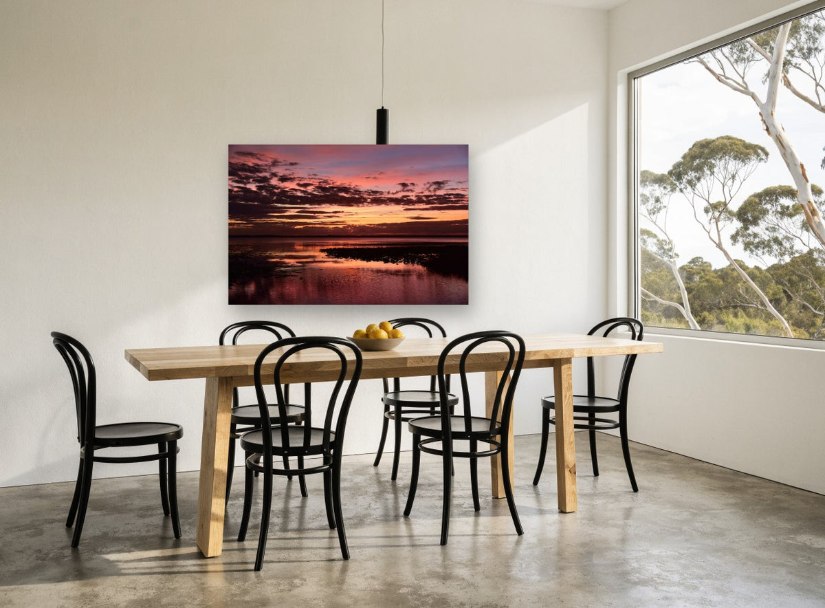 Crimson Lake Dusk landscape canvas print on the wall of a dining room