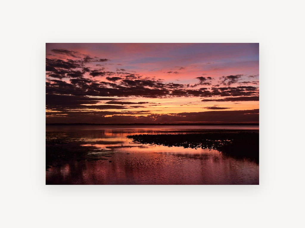Crimson Lake Dusk, pink sunset lake reflection photograph, landscape canvas wall art print, front view