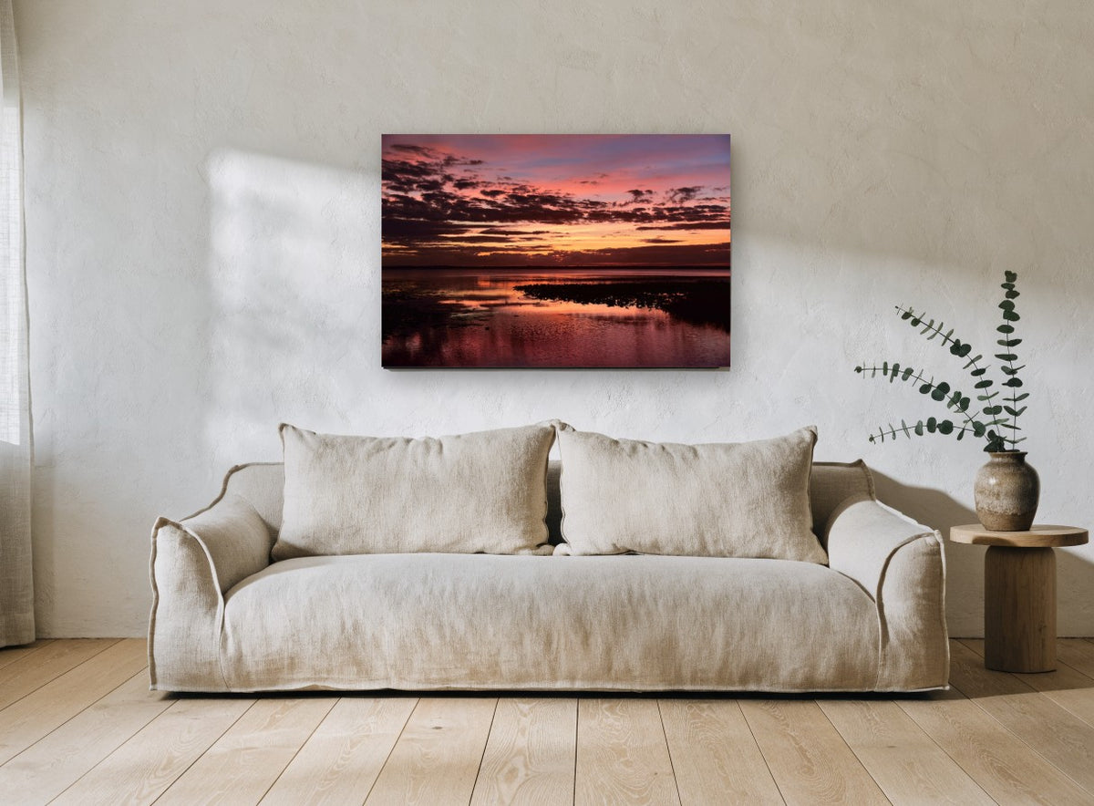 Crimson Lake Dusk landscape canvas print on the wall of a living room