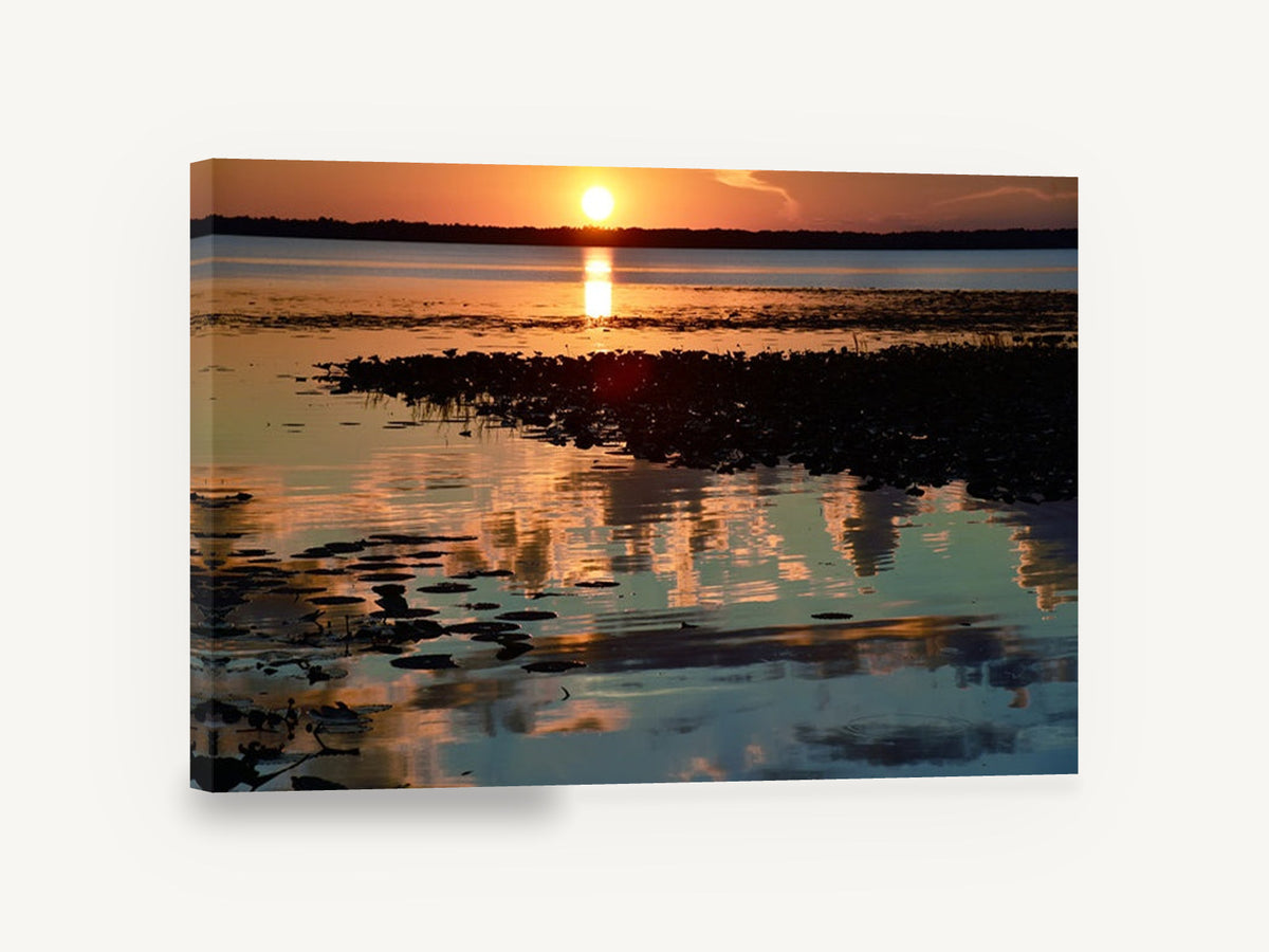 Amber Marsh Reflections, sunset lake marsh reflections photograph, landscape canvas wall art print ready to hang