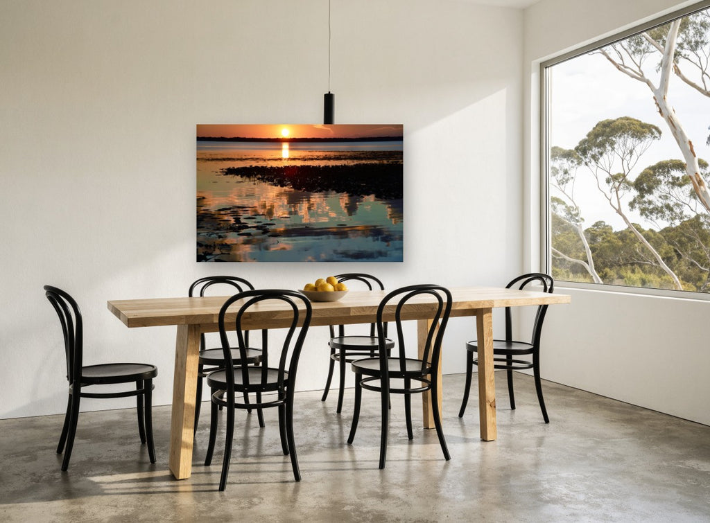 Amber Marsh Reflections landscape canvas print on the wall of a dining room