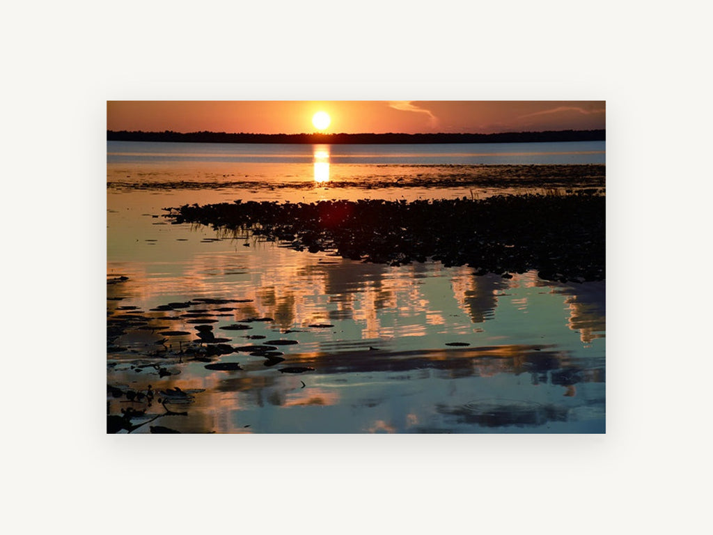 Amber Marsh Reflections, sunset lake marsh reflections photograph, landscape canvas wall art print, front view