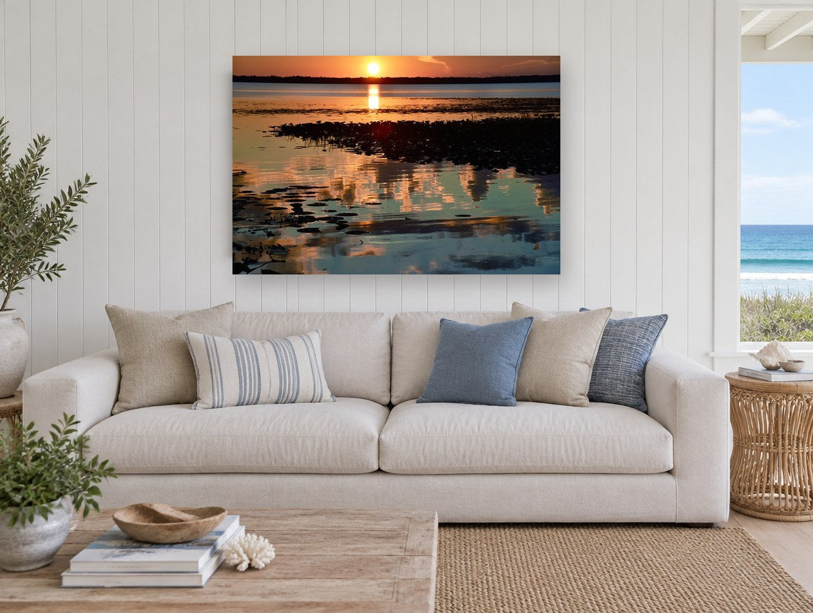 Amber Marsh Reflections landscape canvas print on the wall of a beach house living room