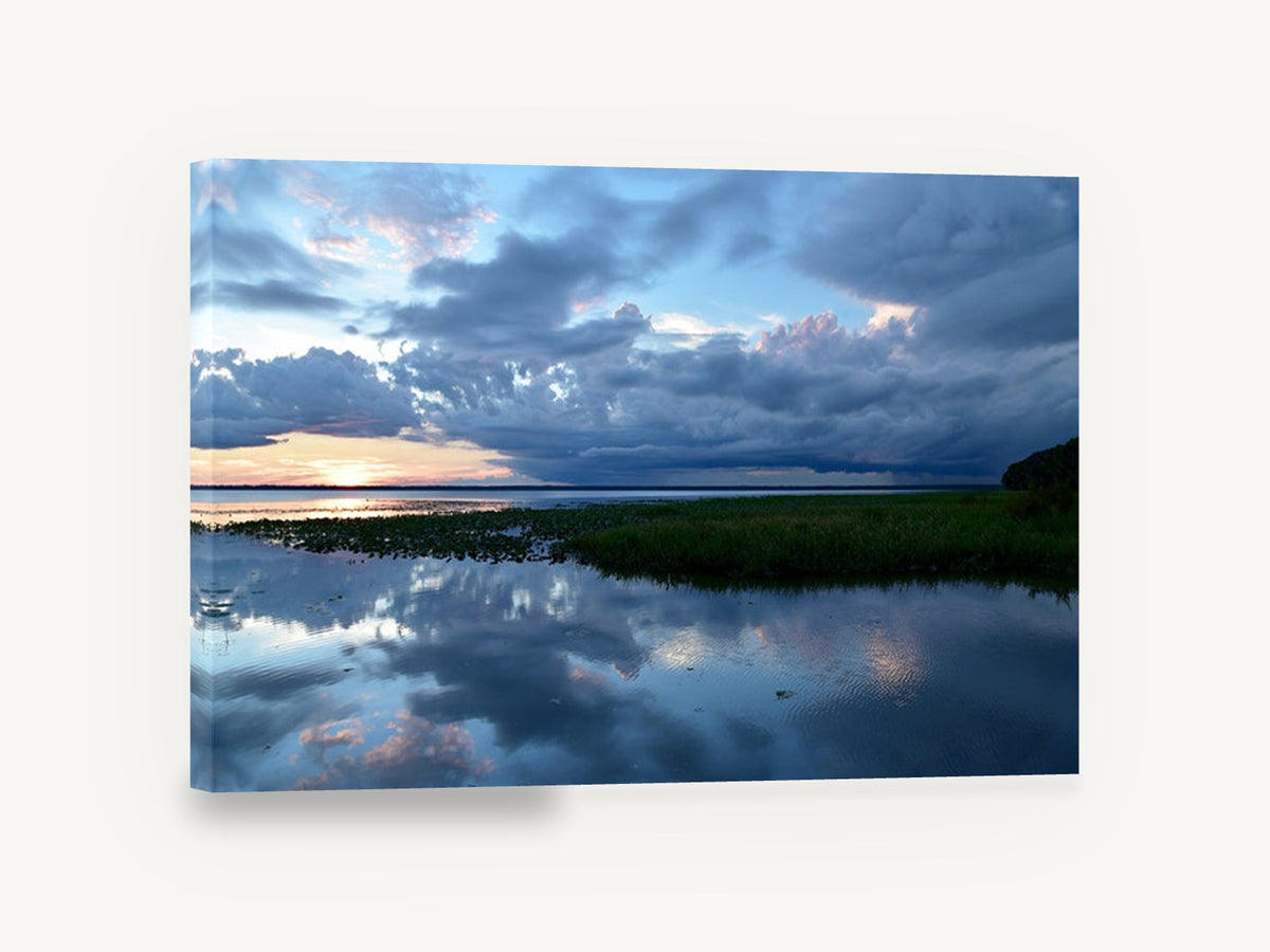 Storm Over Still Water, stormy sunset lake reflection photograph, landscape canvas wall art print ready to hang