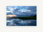 Storm Over Still Water, stormy sunset lake reflection photograph, landscape canvas wall art print, front view