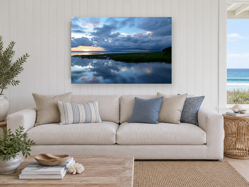 Storm Over Still Water landscape canvas print on the wall of a beach house living room