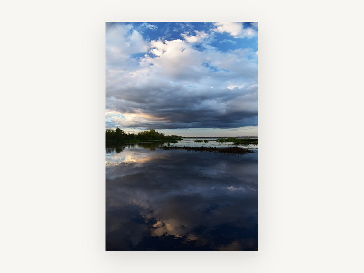 Still Water Storm, stormy sky lake reflection photograph, landscape canvas wall art print, front view