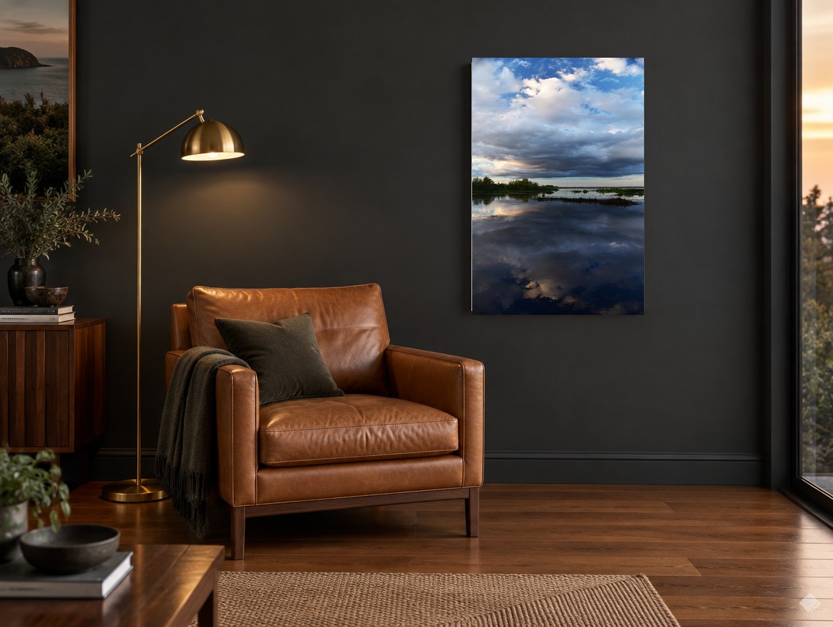 Still Water Storm landscape canvas print on the wall of a charcoal living room