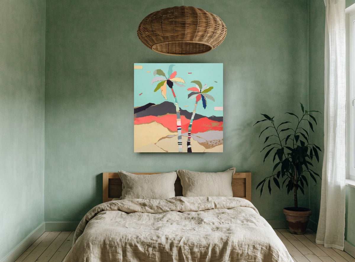Torn Paper Palms landscape canvas print on the wall of a bedroom