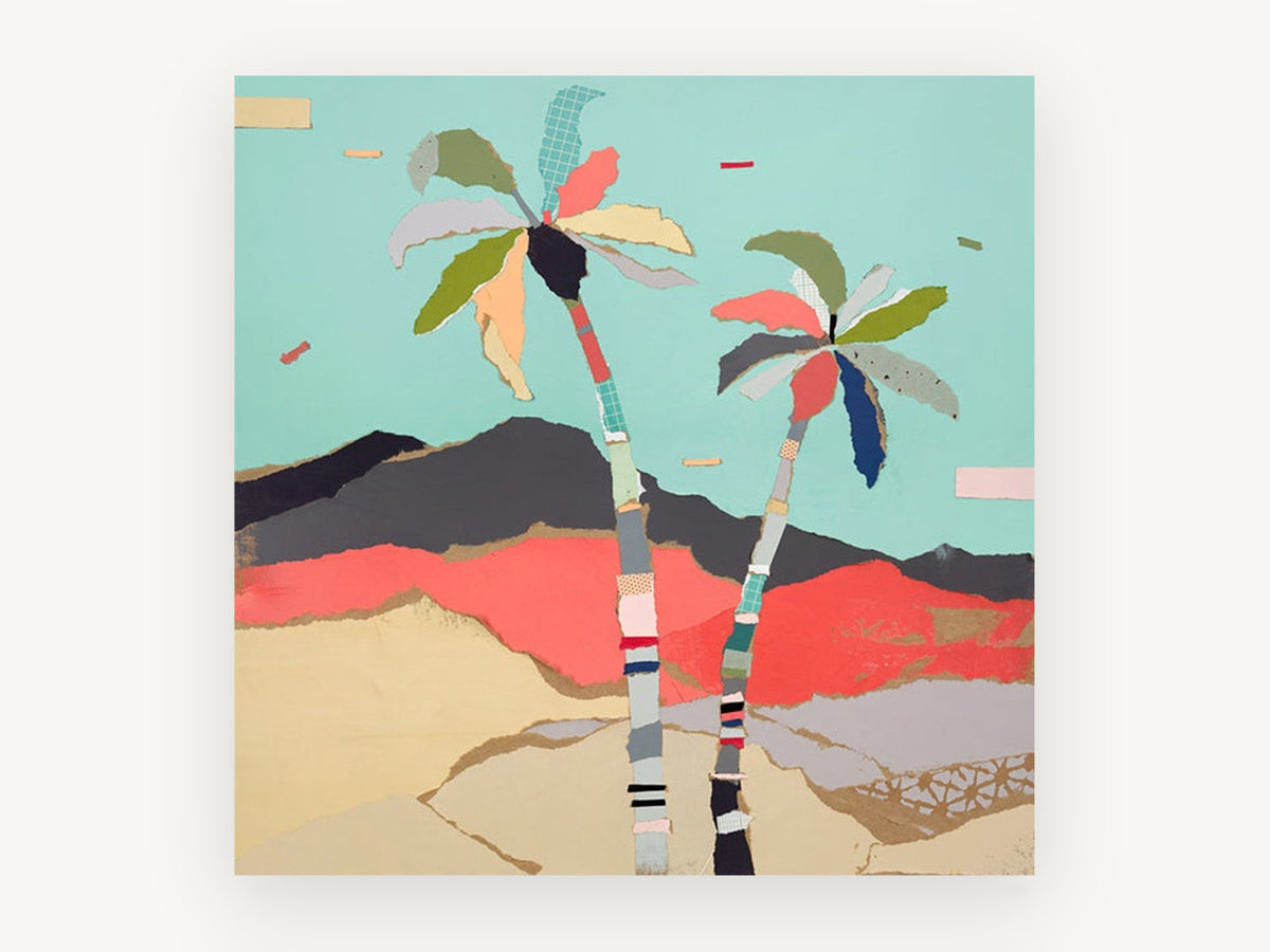 Torn Paper Palms, palm tree torn paper collage landscape, landscape canvas wall art print, front view