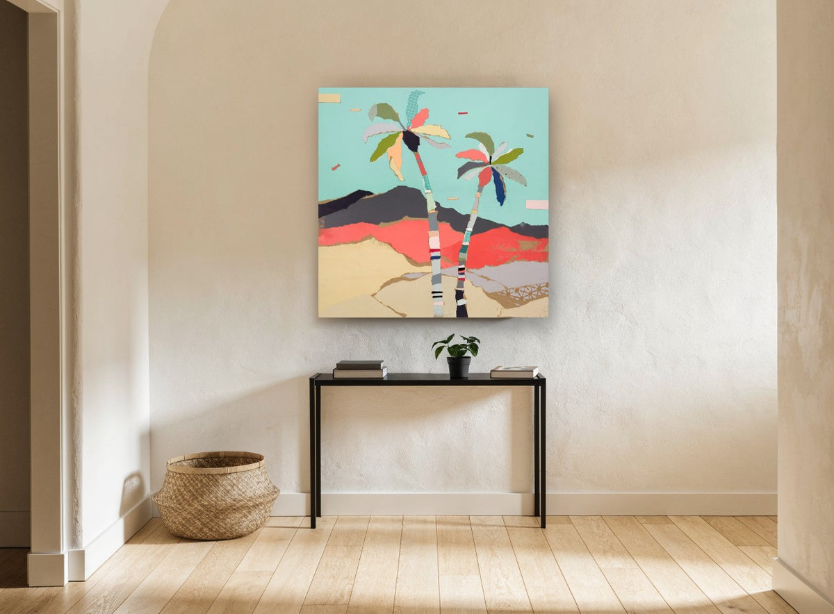 Torn Paper Palms landscape canvas print on the wall of a hallway