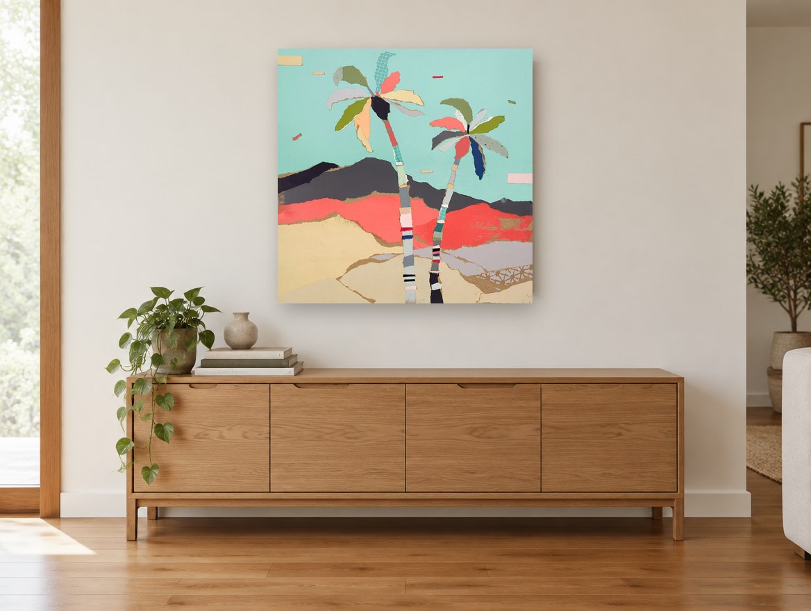 Torn Paper Palms landscape canvas print on the wall of a living room above a sideboard