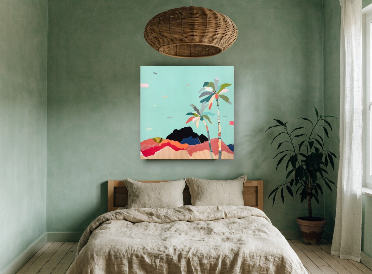 Aqua Sky Palm Ridge landscape canvas print on the wall of a bedroom
