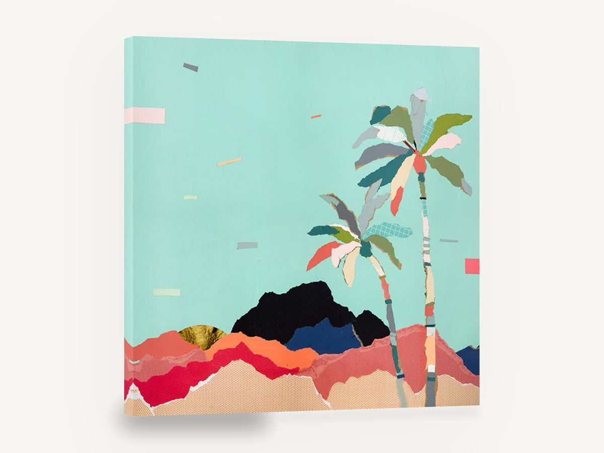 Aqua Sky Palm Ridge, palm trees torn paper collage, landscape canvas wall art print ready to hang