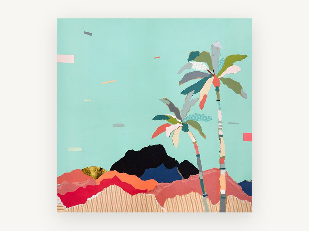 Aqua Sky Palm Ridge, palm trees torn paper collage, landscape canvas wall art print, front view