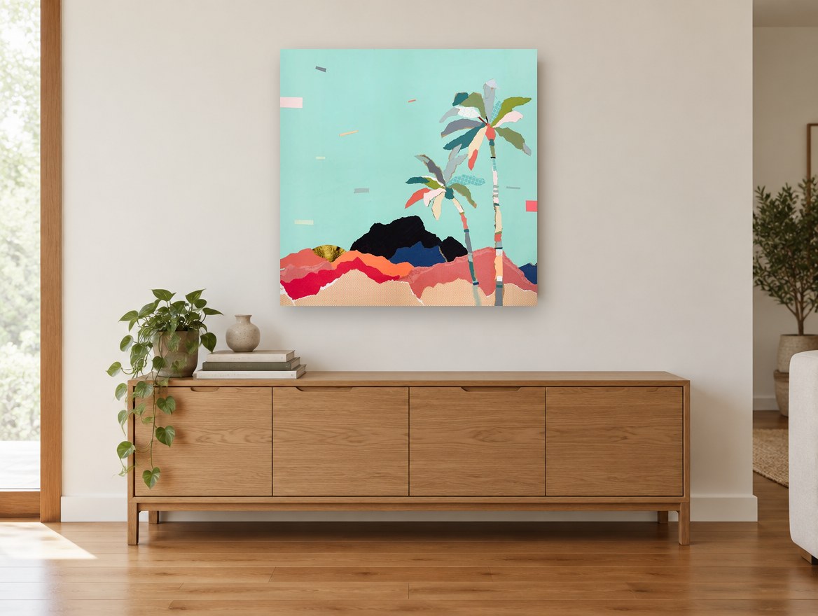 Aqua Sky Palm Ridge landscape canvas print on the wall of a living room above a sideboard