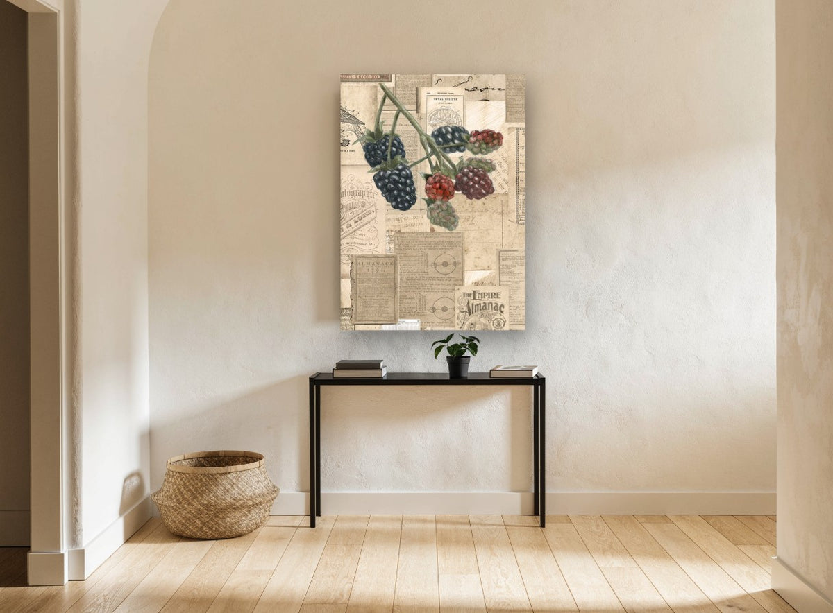 Blackberries and Almanacs vintage canvas print on the wall of a hallway