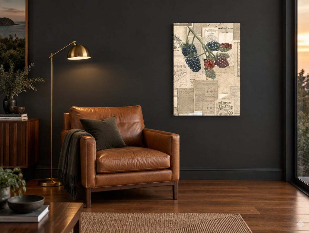 Blackberries and Almanacs vintage canvas print on the wall of a charcoal living room