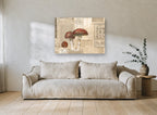 Toadstools on Old Paper vintage canvas print on the wall of a living room