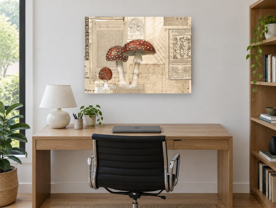 Toadstools on Old Paper vintage canvas print on the wall of a study