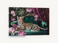Leopard on Emerald Sofa, leopard on green velvet sofa peonies, floral canvas wall art print ready to hang
