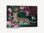 Leopard on Emerald Sofa, leopard on green velvet sofa peonies, floral canvas wall art print ready to hang