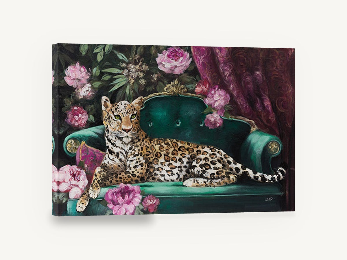 Leopard on Emerald Sofa, leopard on green velvet sofa peonies, floral canvas wall art print ready to hang