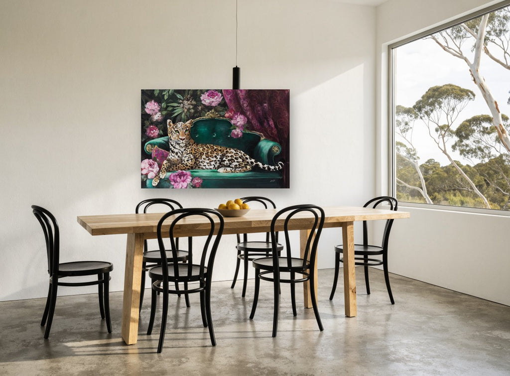 Leopard on Emerald Sofa floral canvas print on the wall of a dining room