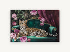 Leopard on Emerald Sofa, floral canvas wall art print, front view