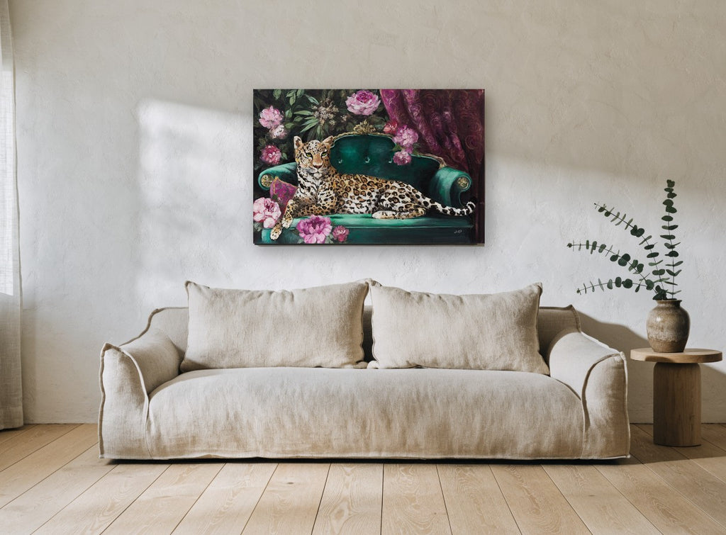 Leopard on Emerald Sofa floral canvas print on the wall of a living room