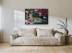 Leopard on Emerald Sofa floral canvas print on the wall of a living room