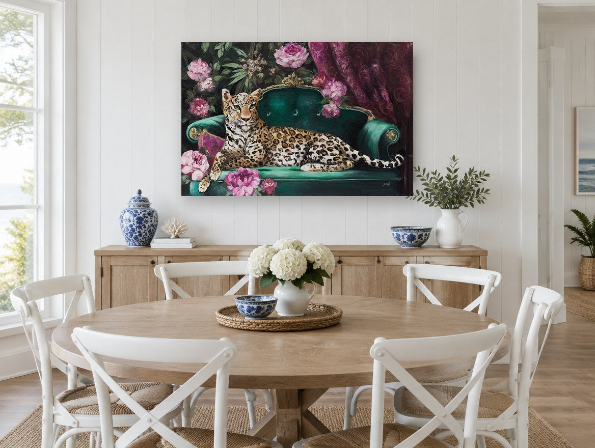 Leopard on Emerald Sofa floral canvas print on the wall of a Hamptons dining room