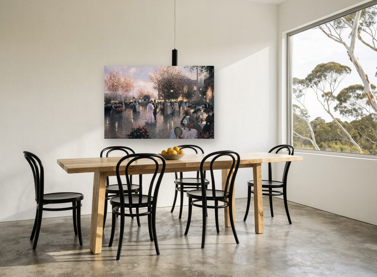 Elegant Evening Promenade city canvas print on the wall of a dining room