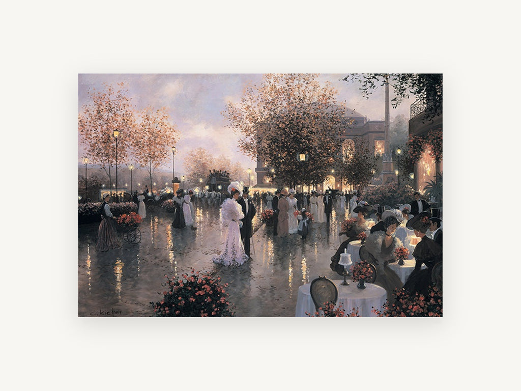 Elegant Evening Promenade, belle époque paris evening street scene, city canvas wall art print, front view