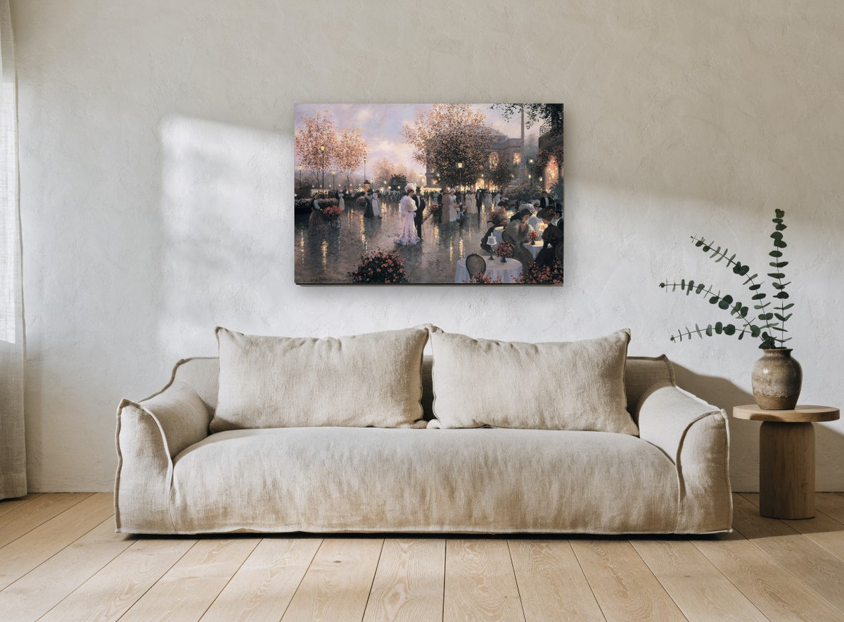 Elegant Evening Promenade city canvas print on the wall of a living room