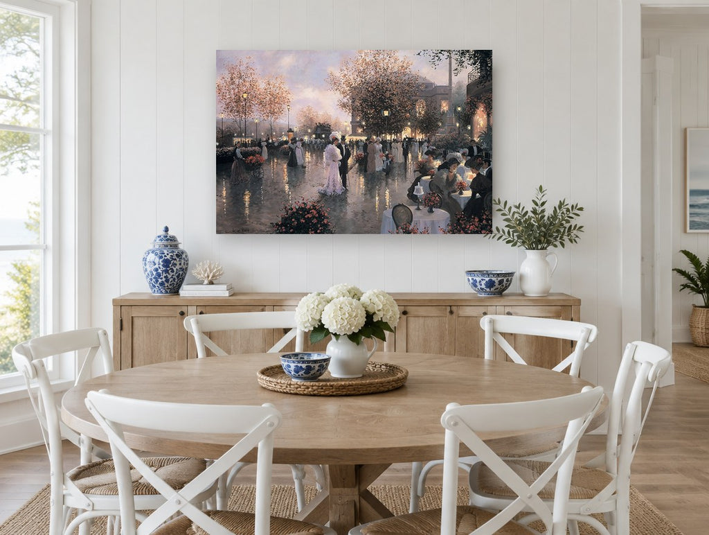 Elegant Evening Promenade city canvas print on the wall of a Hamptons dining room