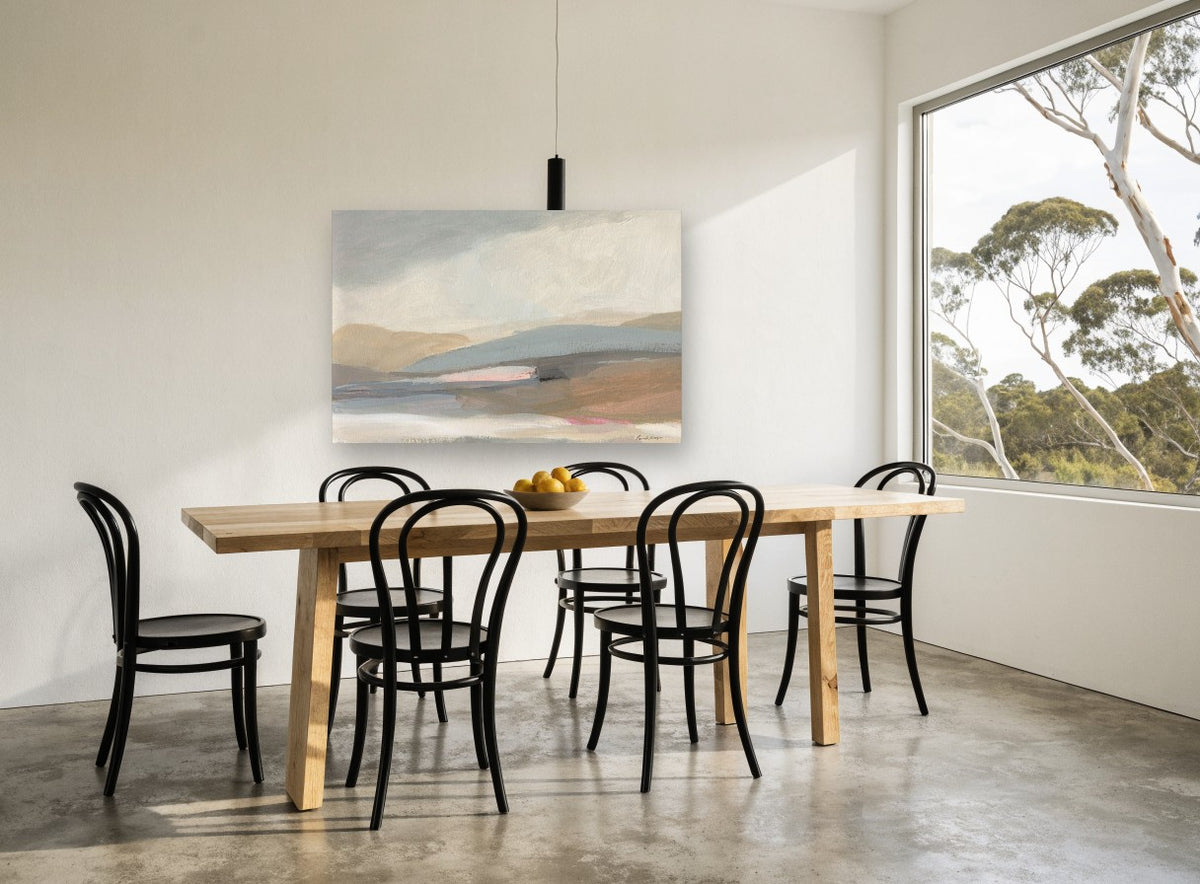 Soft Hills Haze landscape canvas print on the wall of a dining room