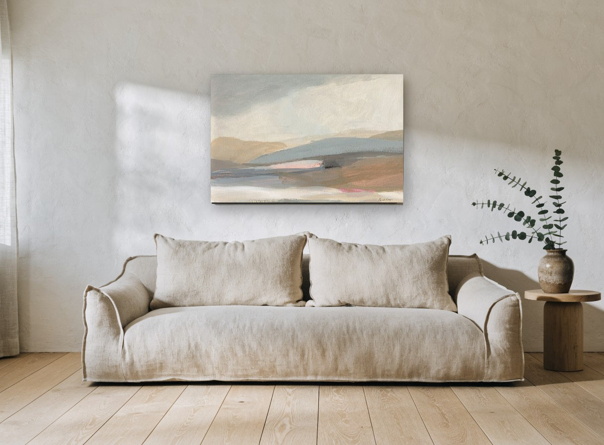 Soft Hills Haze landscape canvas print on the wall of a living room